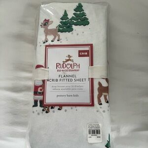 NWT Pottery Barn Kids Rudolph Flannel Crib Sheet